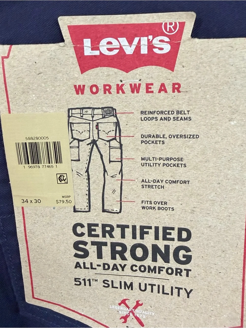 Levi's 511 Slim Workwear Utility Cargo Stretch Navy Blue Men’s Pants Size 34x30